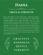 Hania personalized name art with origin story in dark green