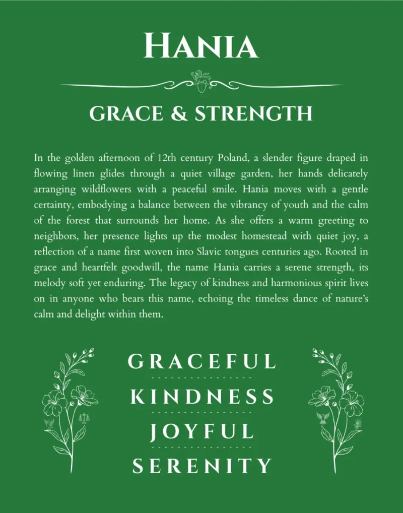Hania personalized name art with origin story in dark green