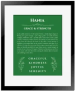 Hania personalized name art with origin story in dark green with black matte frame