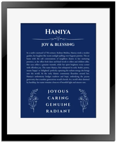 Haniya personalized name art with origin story in deep blue with black matte frame