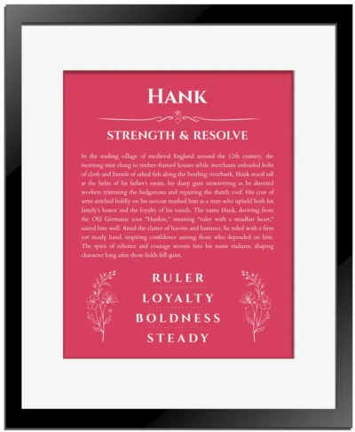 Hank personalized name art with origin story in red with black matte frame