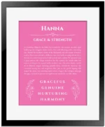 Hanna custom name meaning print in pink with black matte frame