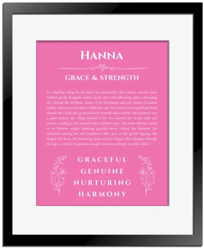 Hanna custom name meaning print in pink with black matte frame