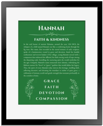 Hannah personalized name art with origin story in dark green with black matte frame