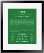 Hans personalized name meaning print in dark green with black matte frame