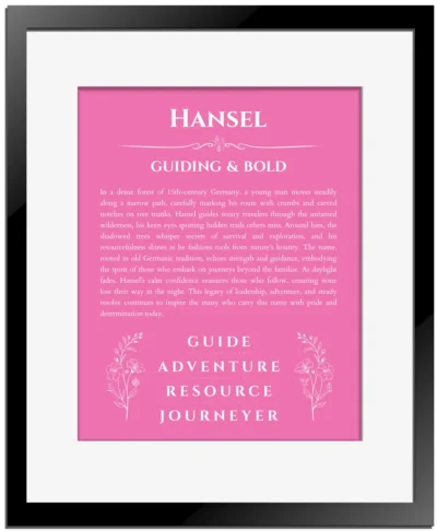 Hansel personalized name print with origin and traits in pink with black matte frame