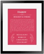 Hardy personalized name art with origin story in red with black matte frame