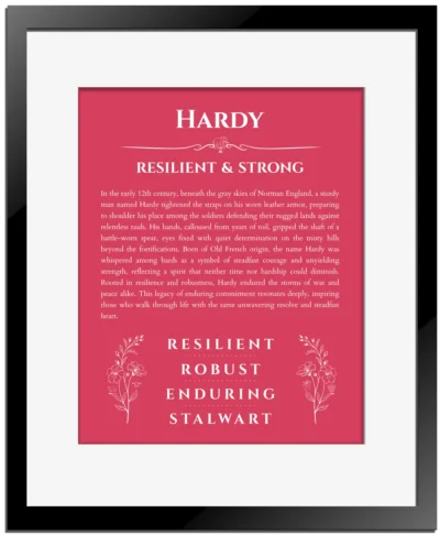 Hardy personalized name art with origin story in red with black matte frame