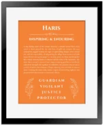 Haris name meaning wall art by Get Your Story in orange with black matte frame