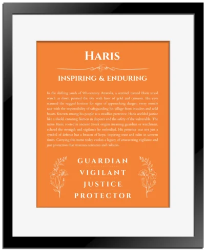 Haris name meaning wall art by Get Your Story in orange with black matte frame