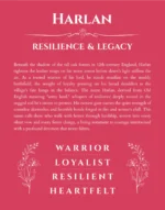 Harlan custom name art showing meaning and origin in red