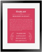 Harlan custom name art showing meaning and origin in red with black matte frame