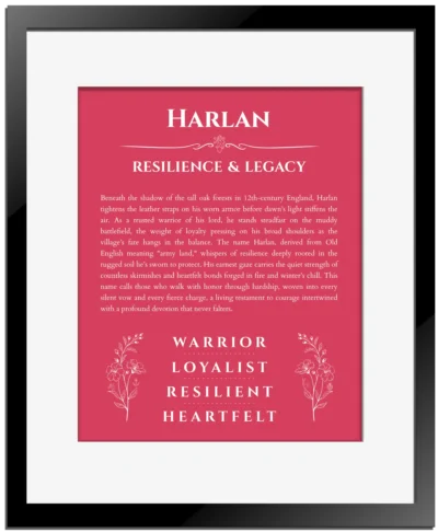 Harlan custom name art showing meaning and origin in red with black matte frame