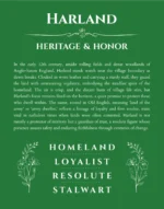 Harland personalized name art with origin story in dark green