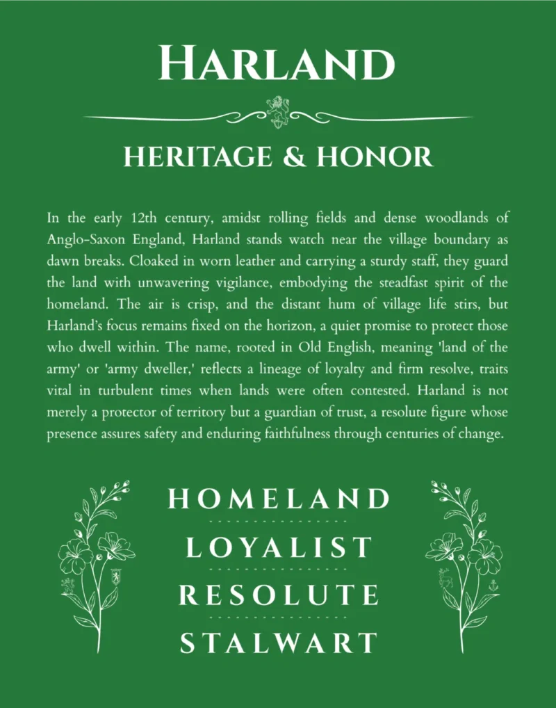 Harland personalized name art with origin story in dark green