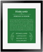 Harland personalized name art with origin story in dark green with black matte frame