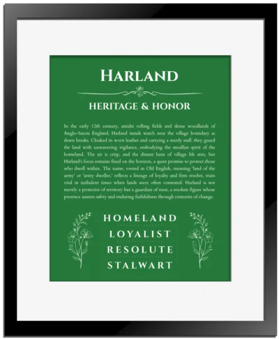 Harland personalized name art with origin story in dark green with black matte frame