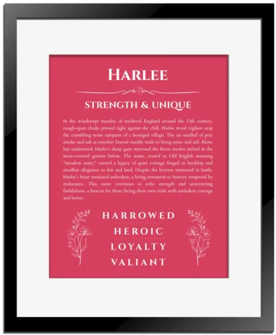 Harlee custom name meaning print in red with black matte frame