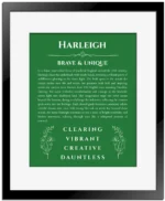 Harleigh personalized wall art with the story of your name in dark green with black matte frame