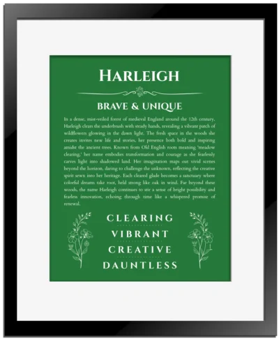 Harleigh personalized wall art with the story of your name in dark green with black matte frame