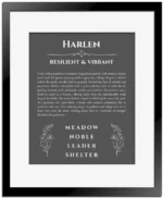 Harlen custom name meaning print in gray with black matte frame