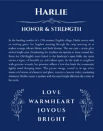 Harlie name origin print with meaning and traits in deep blue