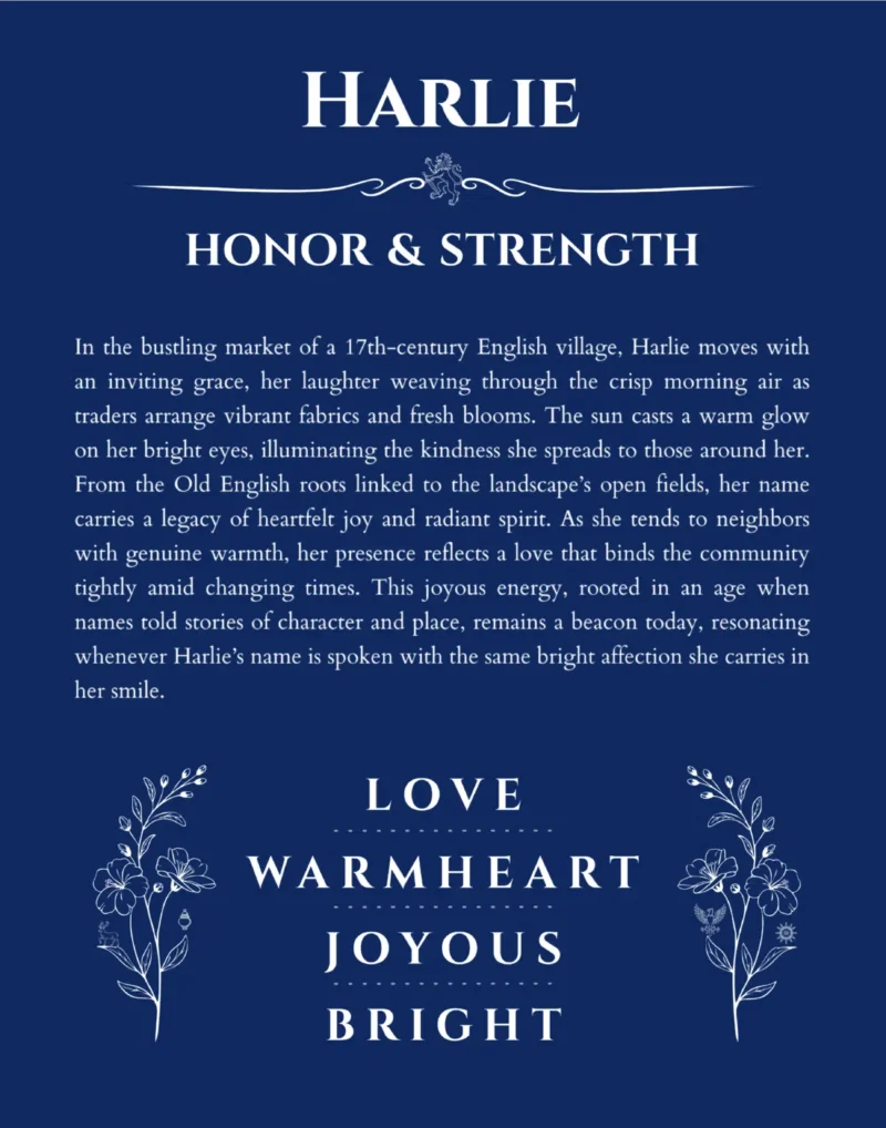 Harlie name origin print with meaning and traits in deep blue