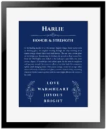 Harlie name origin print with meaning and traits in deep blue with black matte frame