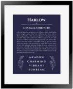 Harlow name meaning gift print in navy blue with black matte frame
