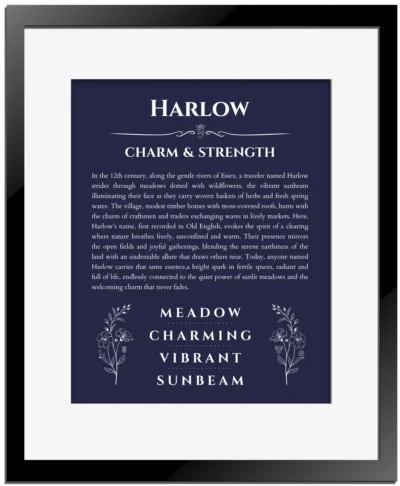 Harlow name meaning gift print in navy blue with black matte frame