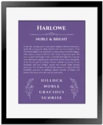 Harlowe name meaning gift print in purple with black matte frame