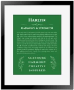 Harlyn name meaning gift print in dark green with black matte frame
