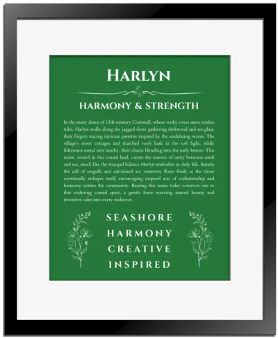 Harlyn name meaning gift print in dark green with black matte frame
