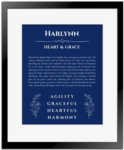 Harlynn name origin print with meaning and traits in deep blue with black matte frame