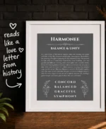 Harmonee personalized name art with origin story