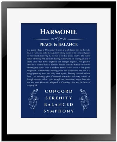 Harmonie personalized wall art with the story of your name in deep blue with black matte frame