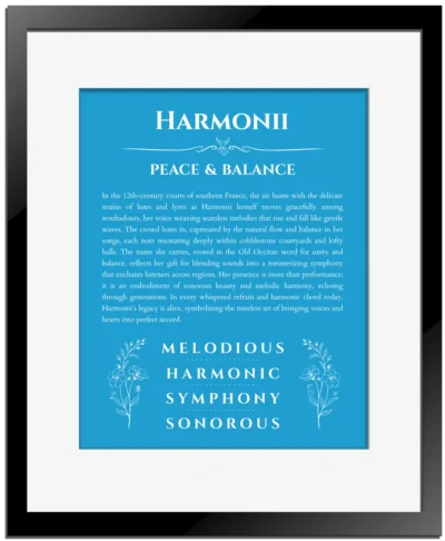 Harmonii personalized name meaning print in blue with black matte frame