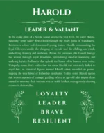 Harold personalized name print with origin and traits in dark green