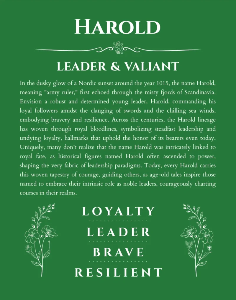 Harold personalized name print with origin and traits in dark green