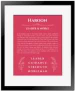 Haroon personalized name print with origin and traits in red with black matte frame