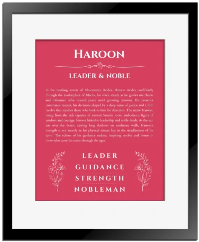 Haroon personalized name print with origin and traits in red with black matte frame