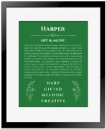 Harper name meaning gift print in dark green with black matte frame