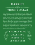 Harriet personalized name art with origin story in dark green
