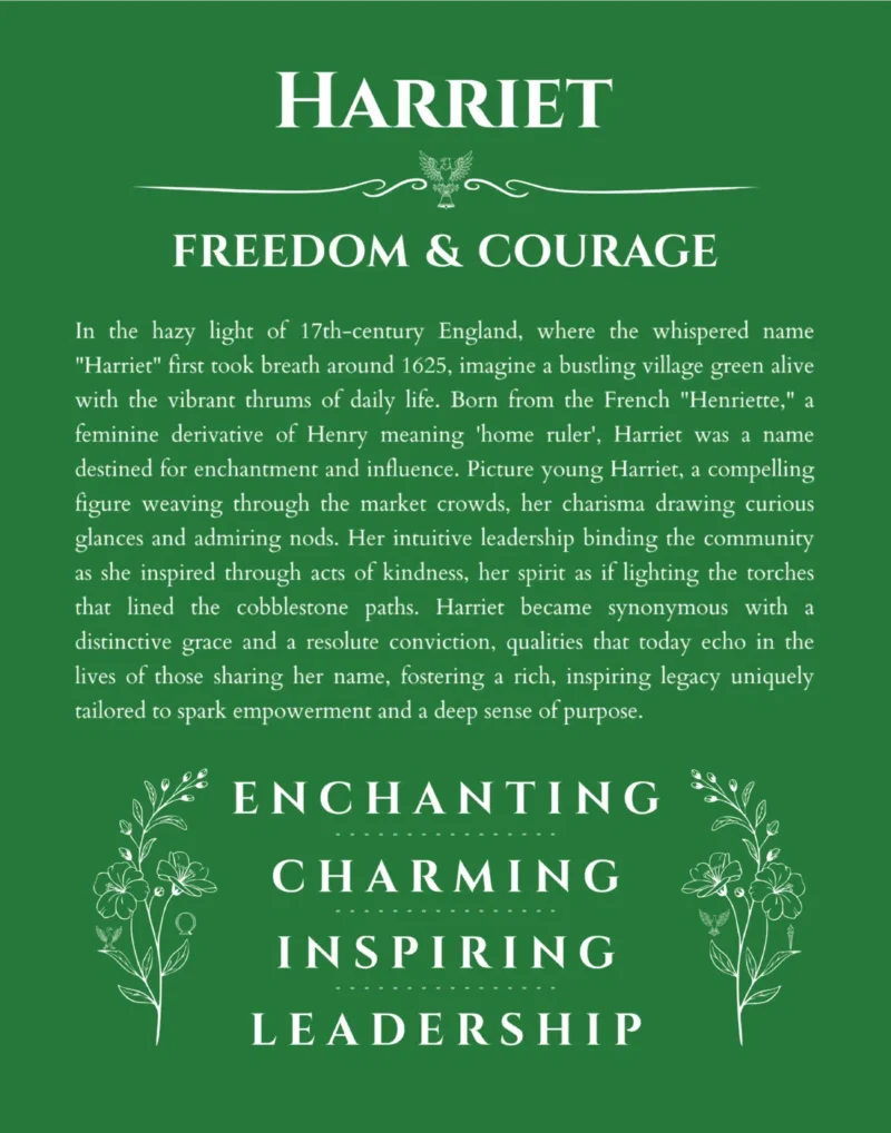 Harriet personalized name art with origin story in dark green