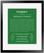 Harriet personalized name art with origin story in dark green with black matte frame