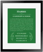 Harris custom name meaning print in dark green with black matte frame