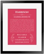 Harrison personalized name art with origin story in red with black matte frame