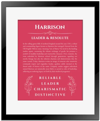Harrison personalized name art with origin story in red with black matte frame