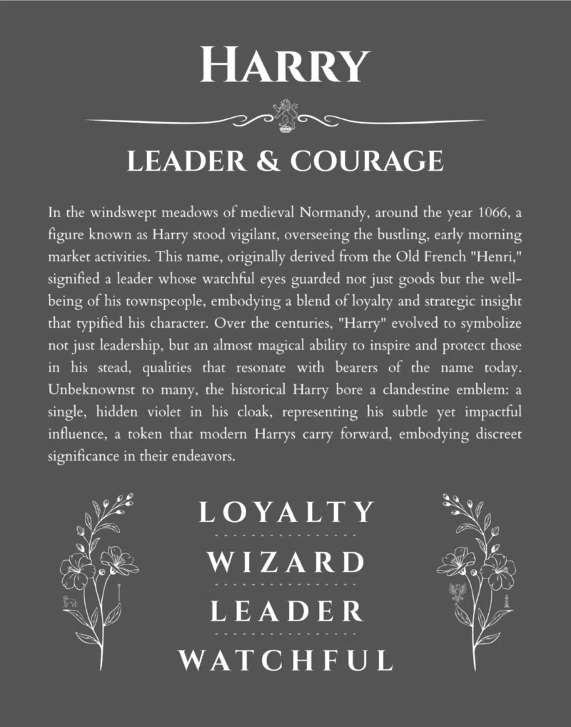 Harry name origin print with meaning and traits in gray