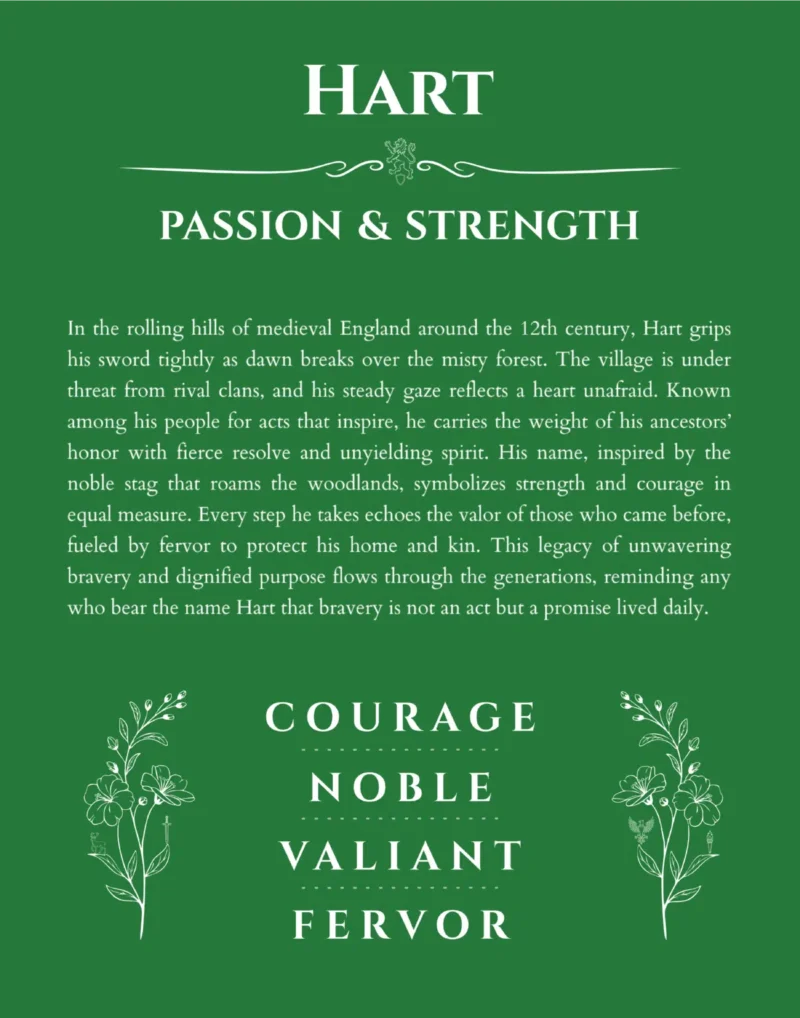 Hart name origin print with meaning and traits in dark green
